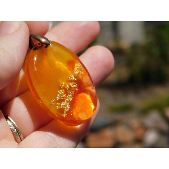 Handmade Orange Sunset Gold Leaf Oval Resin Cast Pendant Necklace - Picture 2 of 10